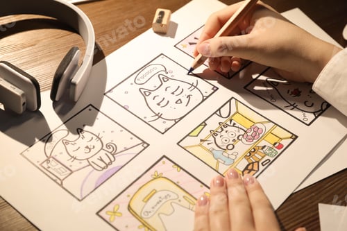 Preview: Woman drawing cartoon sketch at workplace, closeup. Pre-production process