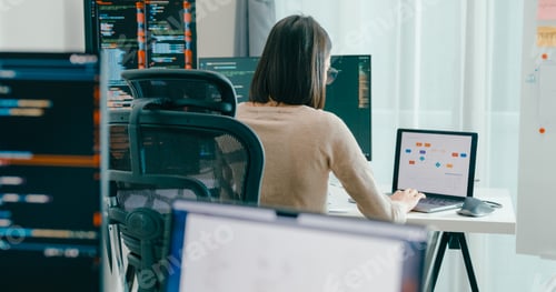 Preview: Young adult Asia female freelance eyeglasses typing write prompt AI bot IT app smart program nomad.