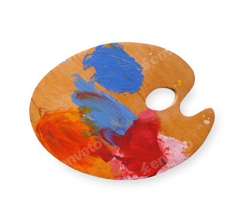 Preview: Art palette with colorful paint strokes, isolated
