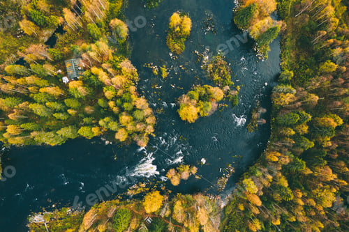 Preview: Aerial view of fast blue river in beautiful fall autumn forest.