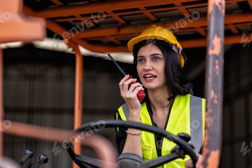 Preview: In robotic maintenance shop forklift operator radio to team driving truck deliver repair parts