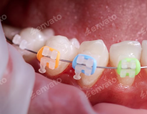Preview: Macro snapshot of white teeth and ceramic braces with colorful rubber bands on them