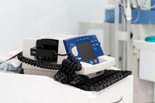 Preview: There is a defibrillator on the table in the white ward. The concept of saving people's lives.