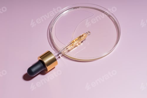 Preview: Pipette from dropper with essential oil lies in the petri dish with cosmetics gel. Top view, liquid