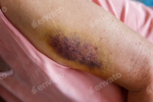 Preview: Large dark bruises or hematoma on arm of an elderly person. Painful accident.