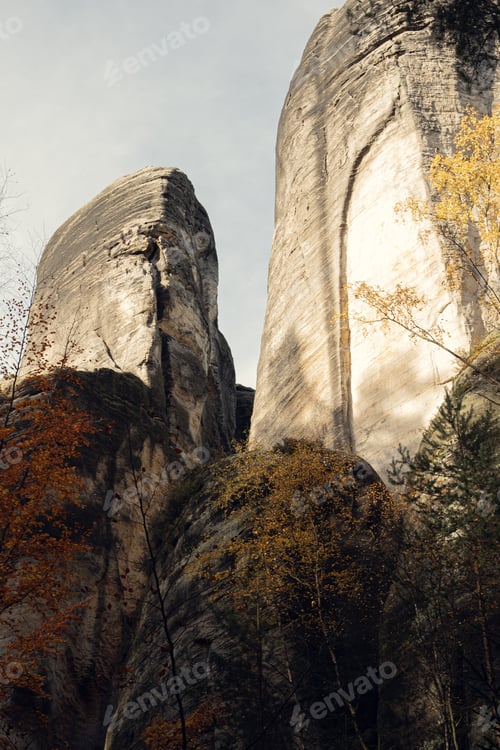 Preview: Towering Rock Formation in Lush Green Forest - Natural Wonder