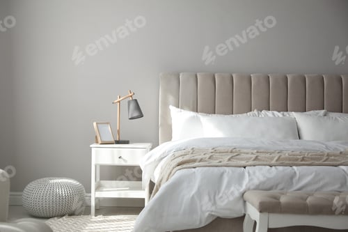 Preview: Comfortable bed with clean white linens indoors