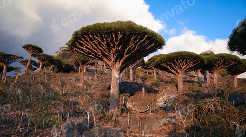 Preview: Unique dragon trees flourish in Socotras rugged landscape under a clear blue sky