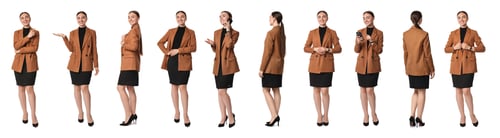 Preview: Beautiful businesswoman in suit on white background, collage of portraits