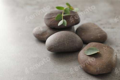 Preview: Spa stones with eucalyptus on color background. Space for text