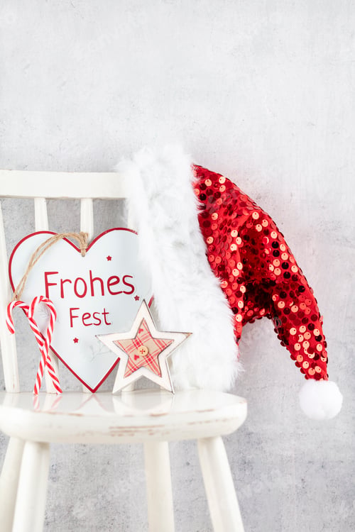 Preview: Christmas Decoration, Santa Claus Hat And Wooden Chair.