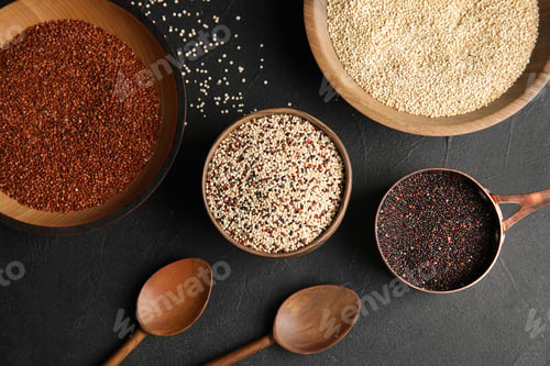 Preview: Flat lay composition with different types of quinoa on black background