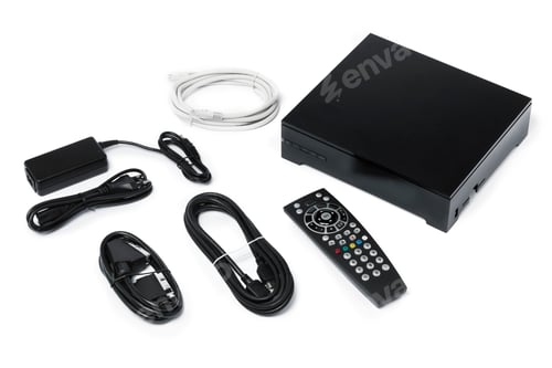 Preview: Tv decoder and remote control set isolated on white. Receiver