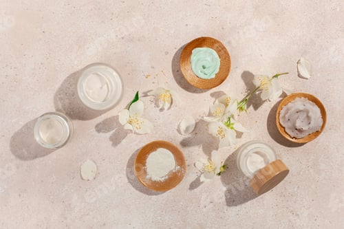 Vista previa: skincare products and jasmine flowers. zero waste eco friendly natural cosmetics for home spa