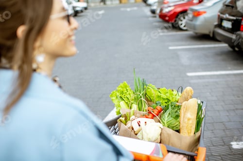 Preview: Woman with shopping cart on the outdoor parking