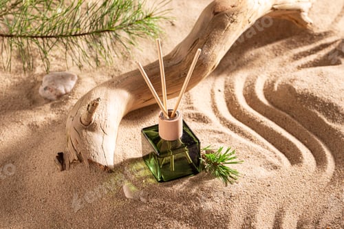 Preview: Sophisticated fragrance diffuser on sandy beach in summer.