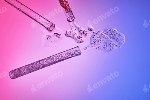 Preview: Test tubes with serums and various scientific laboratory supplies on a blue-purple background.