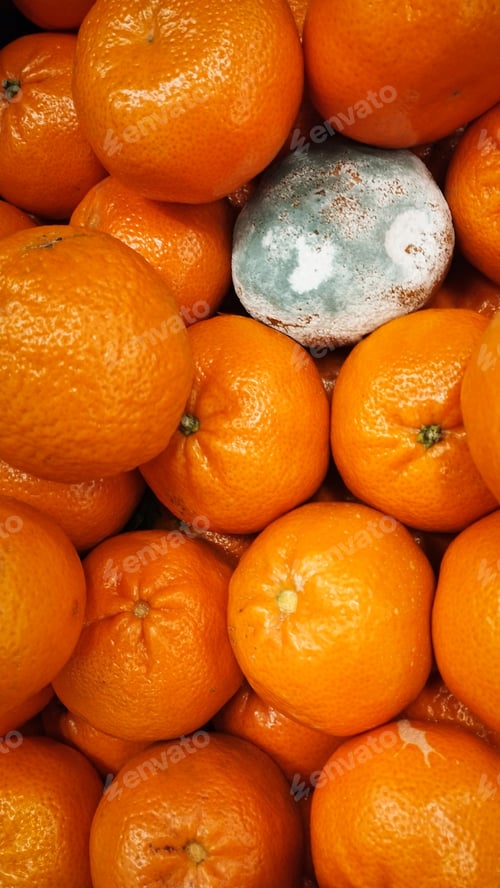 Preview: A rotting orange covered in mold. Damage to food in the warehouse