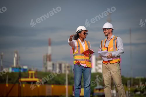 Visualização: Equipe ferroviária de engenheiros vestindo uniforme de segurança e capacete sob documento de conversação disponível inspeciona