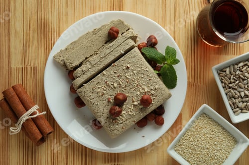Preview: Concept of tasty food with halva on wooden background