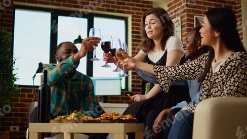 Preview: Friends chatting, sharing stories while drinking wine, talking about their lives in cozy apartment