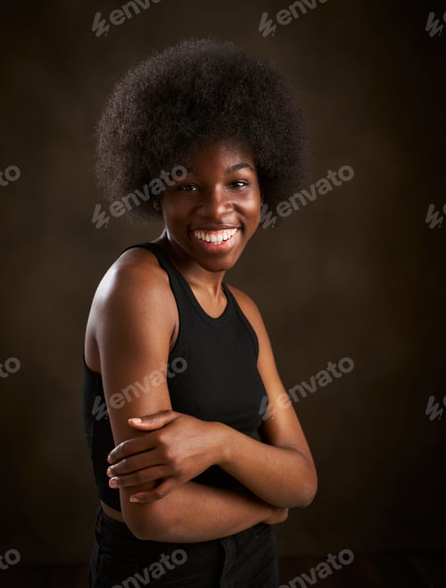 Preview: Portrait of a beautiful young black woman smiling afro girl with curly black hair