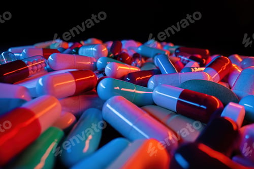 Vista previa: Macro View Of Colorful Capsule Pills. Pharmaceutical Medicament For Health
