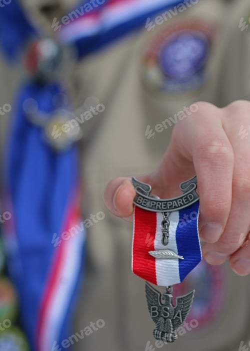 Preview: Vertical image of the Boy Scouts of America Eagle Scout Award with scout blurred in the background.