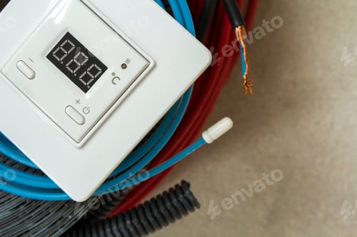 Preview: Heating floor system wires, cables and control panel.