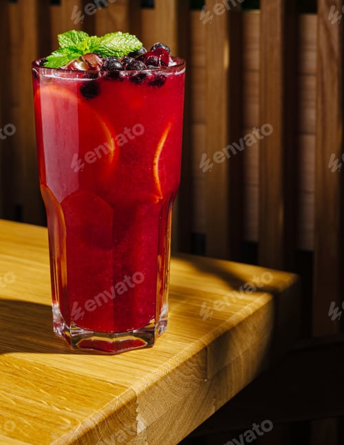 Preview: Colorful berry drink sits on a wooden table in a cozy setting