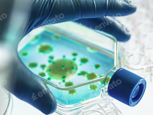 Preview: Scientist examining petri dish with growing cultures in a laboratory