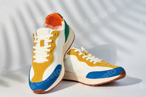 Preview: Trendy youth colorful shoes on white background with plant shadow