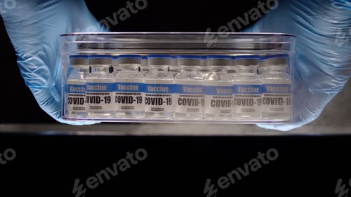 Preview: Glass vials for Covid-19 vaccine in laboratory.