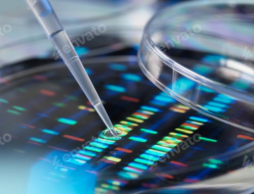 Preview: Pipette adding sample to petri dish with DNA profiles in background