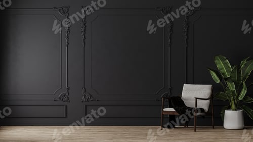 Preview: Room with armchair and green plant in pot with black wall with classic style mouldings an