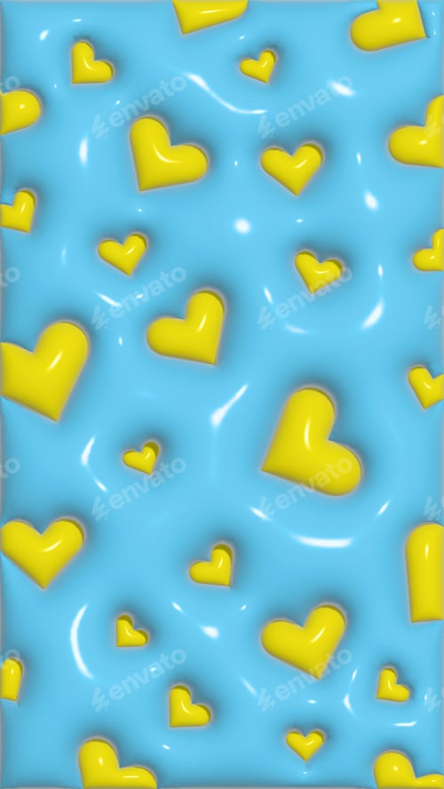 Preview: Abstract blue background with yellow hearts, wallpaper for mobile devices, 3D illustration