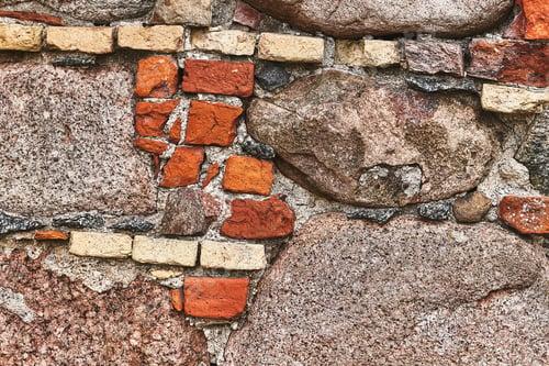 Preview: Old brick wall with cobblestones, grunge background. Copy space