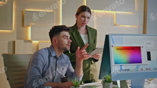 Preview: Worried colleagues brainstorming office design agency. Mentor explaining work