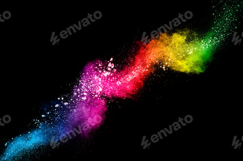Preview: Pastel color dust particle splashing.Colorful powder explosion on black background.