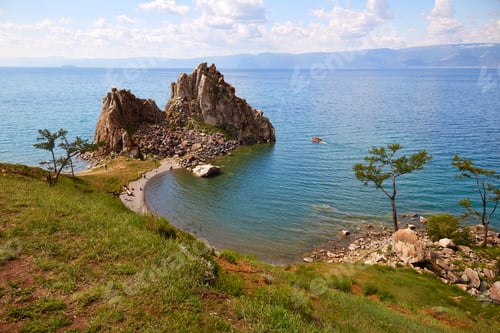 Preview: Cape Burhan, Shamanka or Shaman Rock in summer day. Lake Baikal, Olkhon Island.