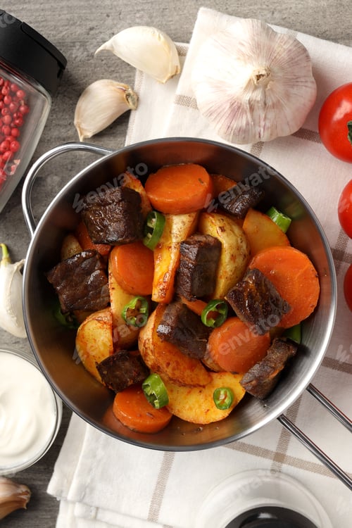 Preview: Concept of tasty food with beef with vegetables, top view