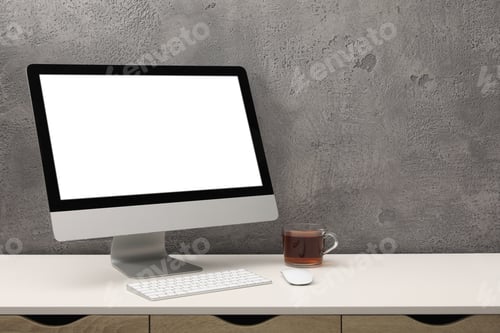 Preview: Workplace with modern computer monitor, keyboard and mouse on table. Mockup for design