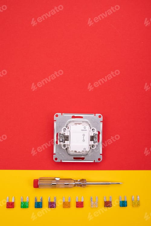 Preview: Set of electrical tool and white socket on colorful background