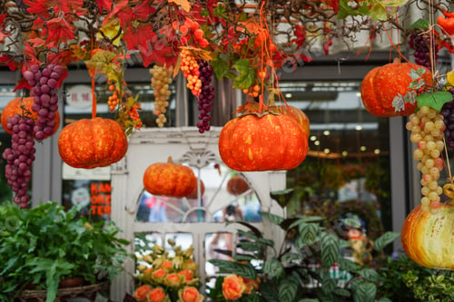 Preview: autumn display featuring hanging pumpkins, bunches of grapes, and colorful foliage