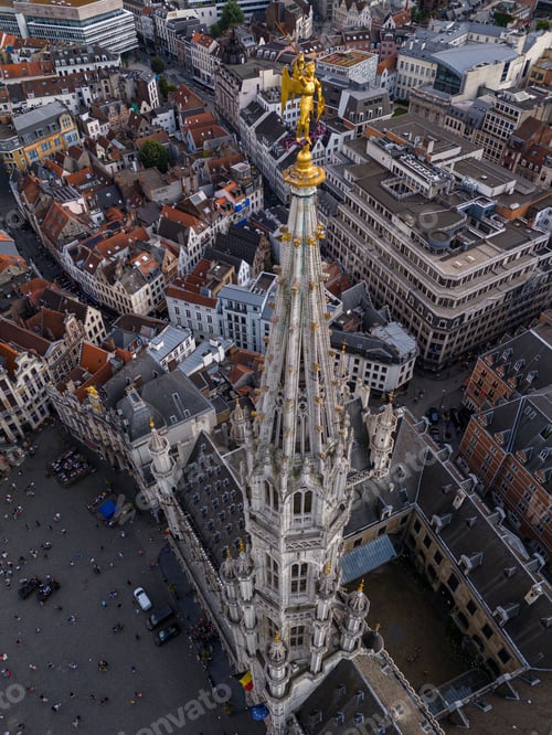 Preview: Aerial view of Brussels' Grand Place with the Town Hall spire and cityscape