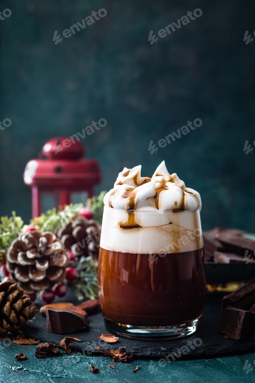 Preview: Hot chocolate with whipped cream. Chocolate drink and Christmas decorations
