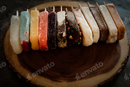 Preview: Assorted colorful popsicles arranged on a wooden platter