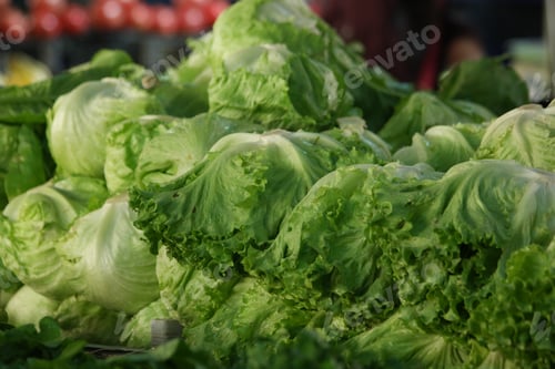 Preview: Fresh iceberg lettuce on market stall.