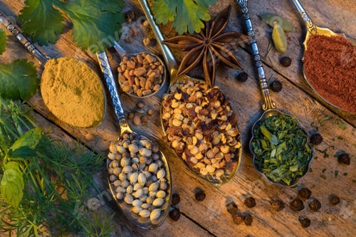 Preview: Selection of herbs and spices used to add flavor to cooking