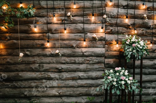 Preview: Wooden wall decorated garland with luminous bulbs and electric lamps decorated flowers. Origina